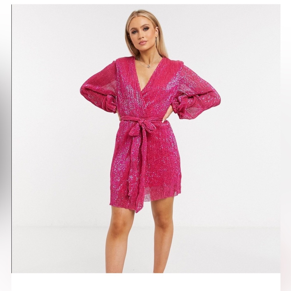Club L London Hot Pink Sequin Wrap Dress